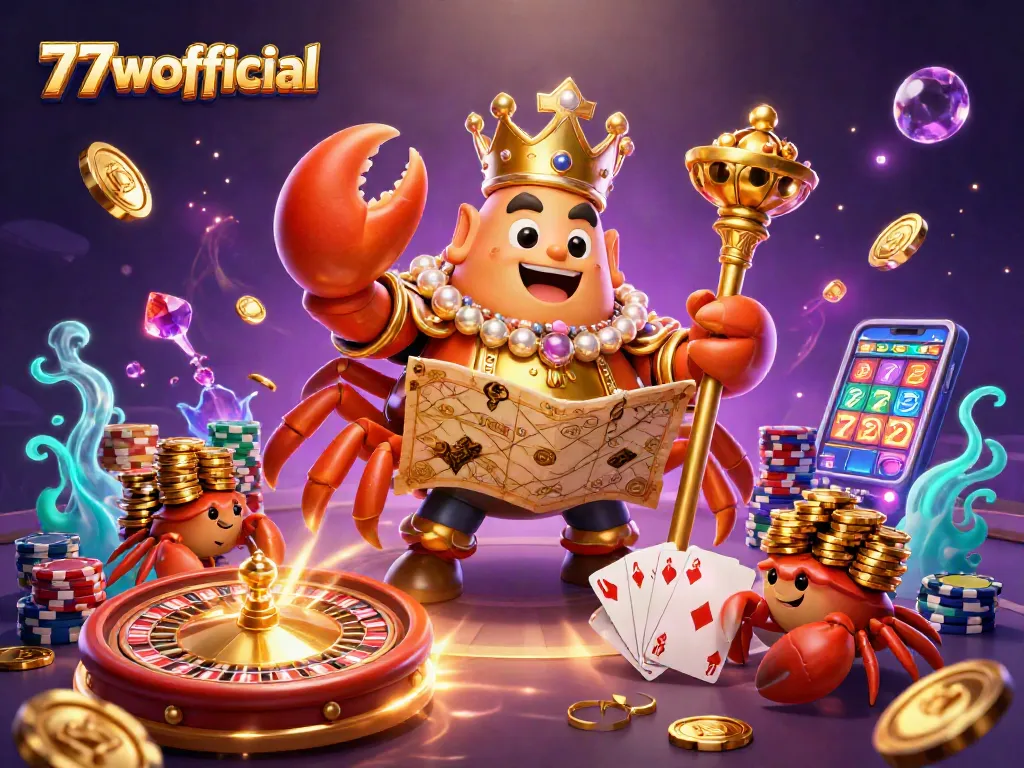 Win big at 77wofficial with vibrant casino-themed illustration featuring luxurious game elements.