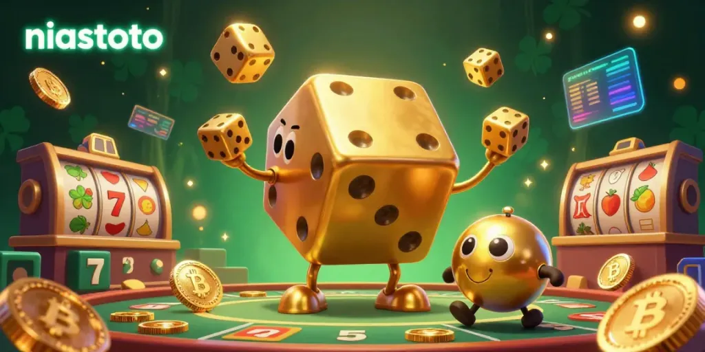 Experience winning with niastoto as a golden dice golem juggles rewards in a dynamic casino scene.