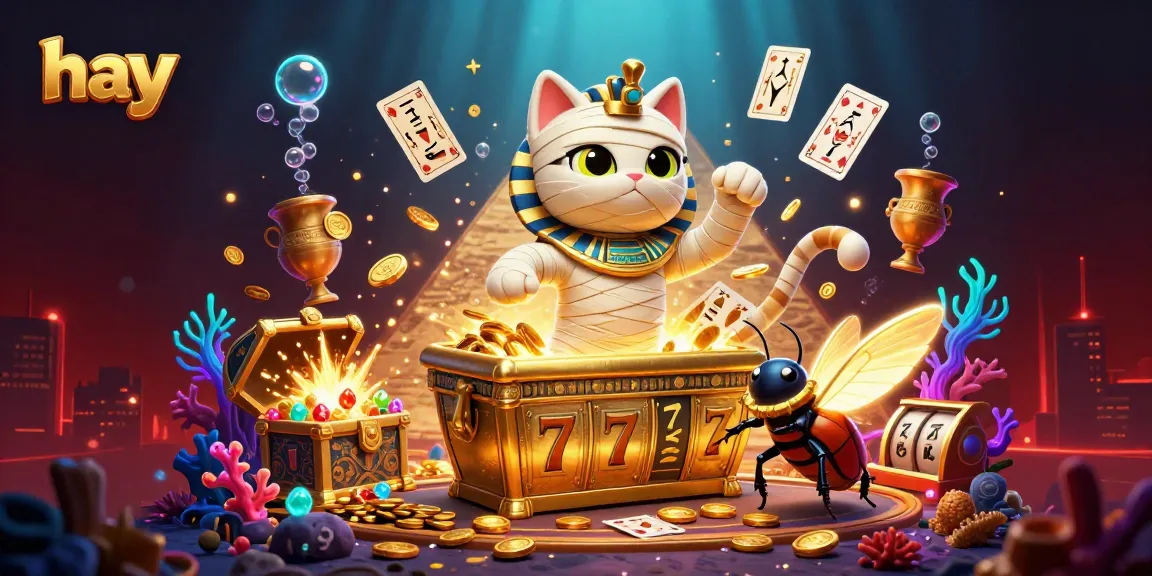 Experience the vibrant themed casino ambience with the hay mummy cat and treasures bursting forth.