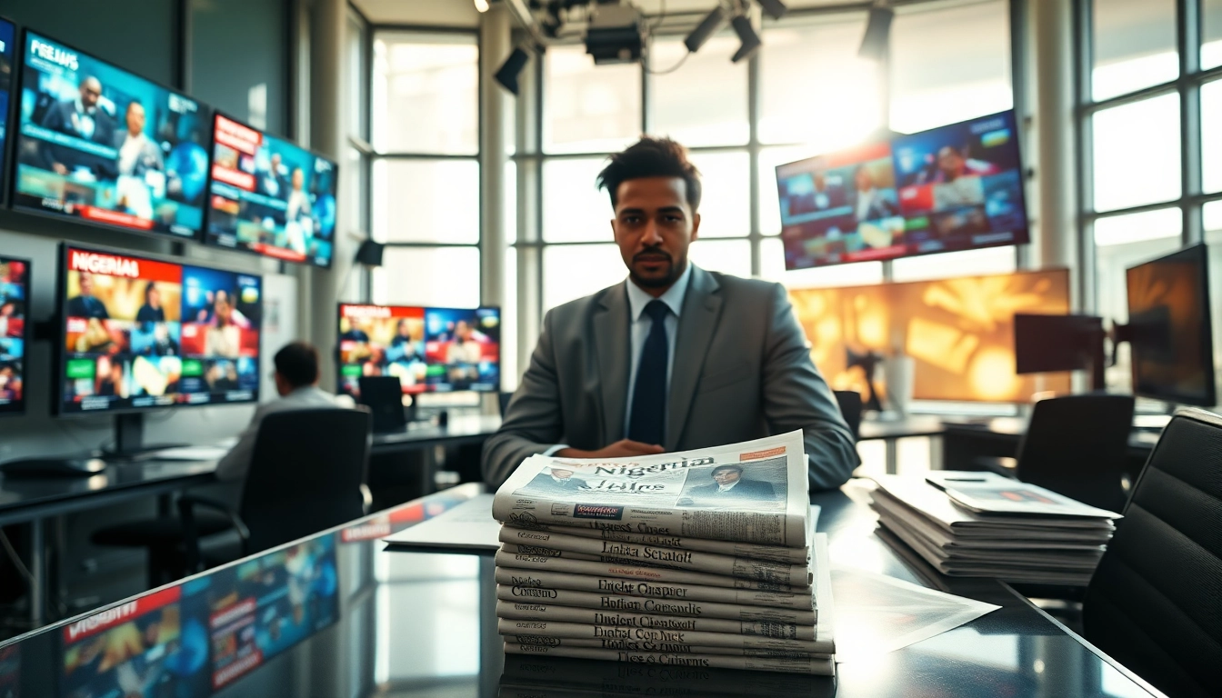 Nigerian Newspapers displayed prominently on a journalist's desk in a bright newsroom.