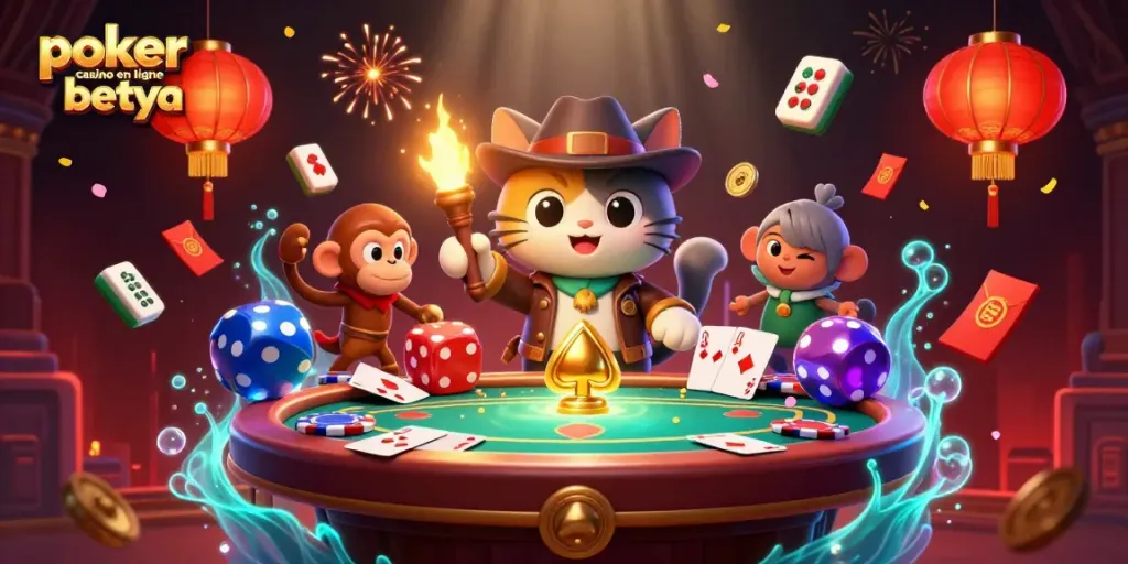 Engage in online poker fun at poker casino en ligne betya with a lively scene featuring a cat archaeologist and vibrant game elements.