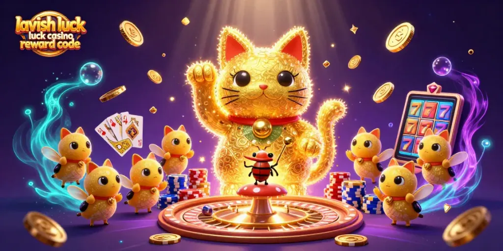 Engage with Lavish Luck Casino Reward Code's exciting gaming world filled with golden fireflies and iconic casino symbols.