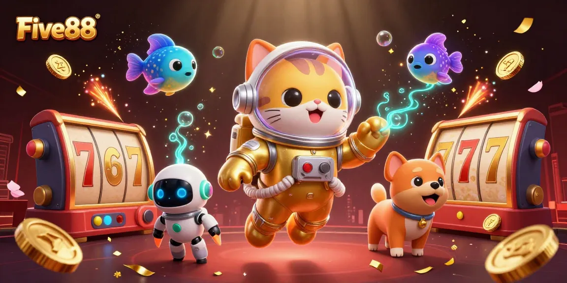 Engage with Five88's thrilling casino vibes through a vibrant 3D illustration of an astronaut cat and its robot dog.