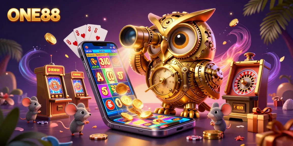 Experience thrilling gaming action at ONE88 with a whimsical clockwork owl overseeing vibrant casino fun.