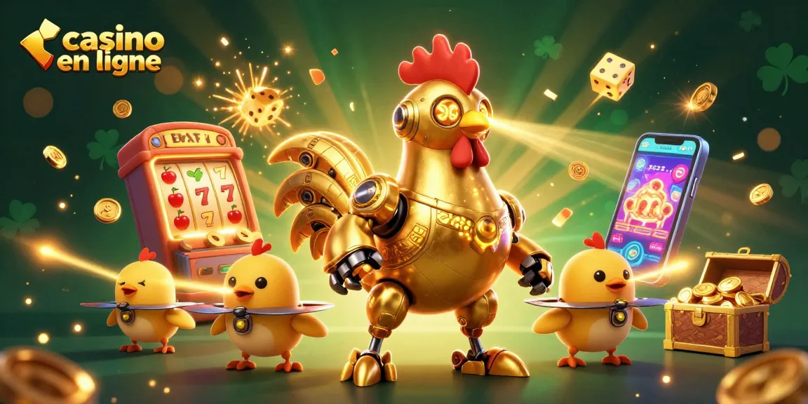 Vivez l'excitation dans un casino en ligne avec un robot coq et des drones, entourés de jeux et de jackpots.