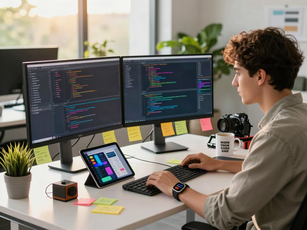 Developer focusing on coding interfaces in modern workspace with pikashow apk context.