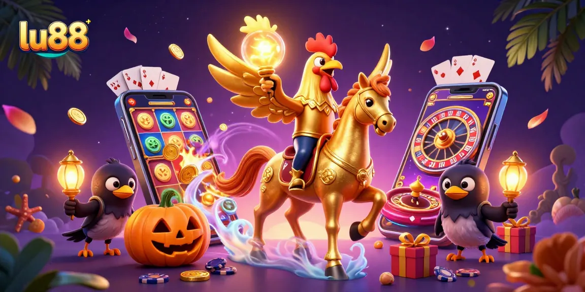 Experience thrilling casino action with lu88's golden rooster hero amidst vibrant gaming elements.