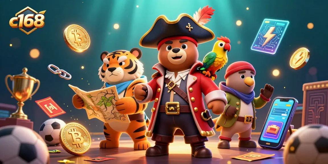 Engage in thrilling sports betting with c168, featuring adventurous characters and crypto elements in a dynamic casino scene.
