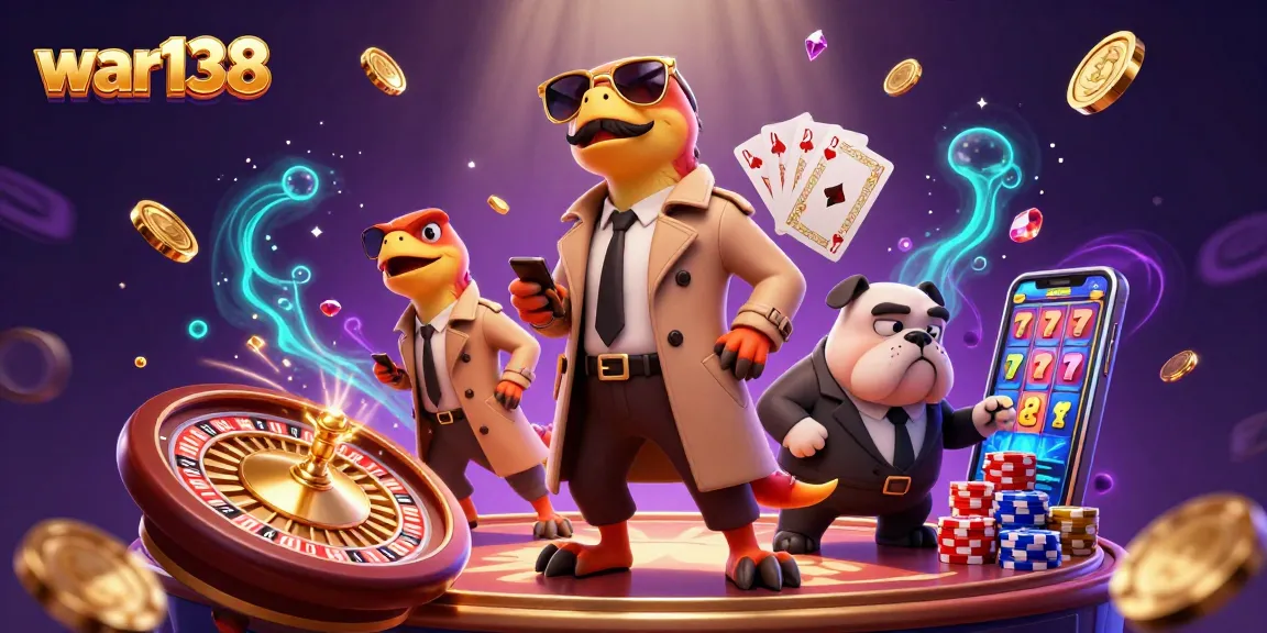 Engage with WAR138's vibrant casino scene featuring raptors and a bulldog bouncer amidst golden coins.