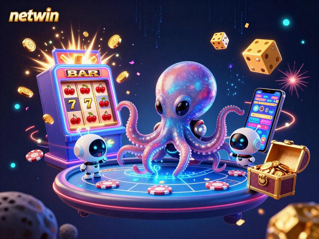 Experience netwin's vibrant alien octopus and robot at a futuristic poker table amidst a jackpot explosion.