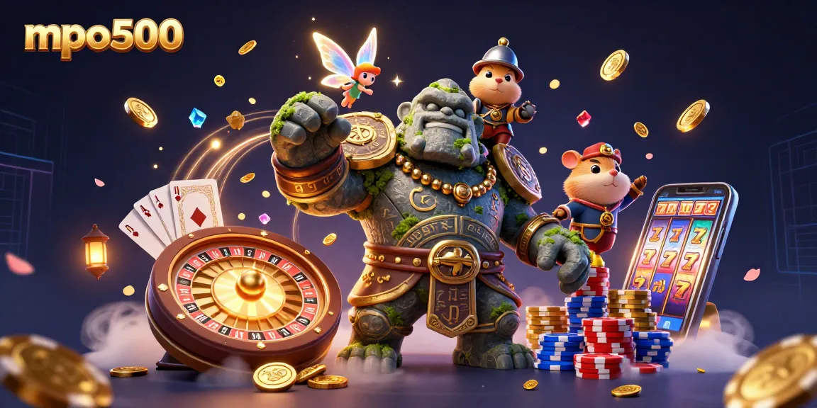 Win big at mpo500 with dynamic gaming elements, including golden coins and spinning roulette wheel.