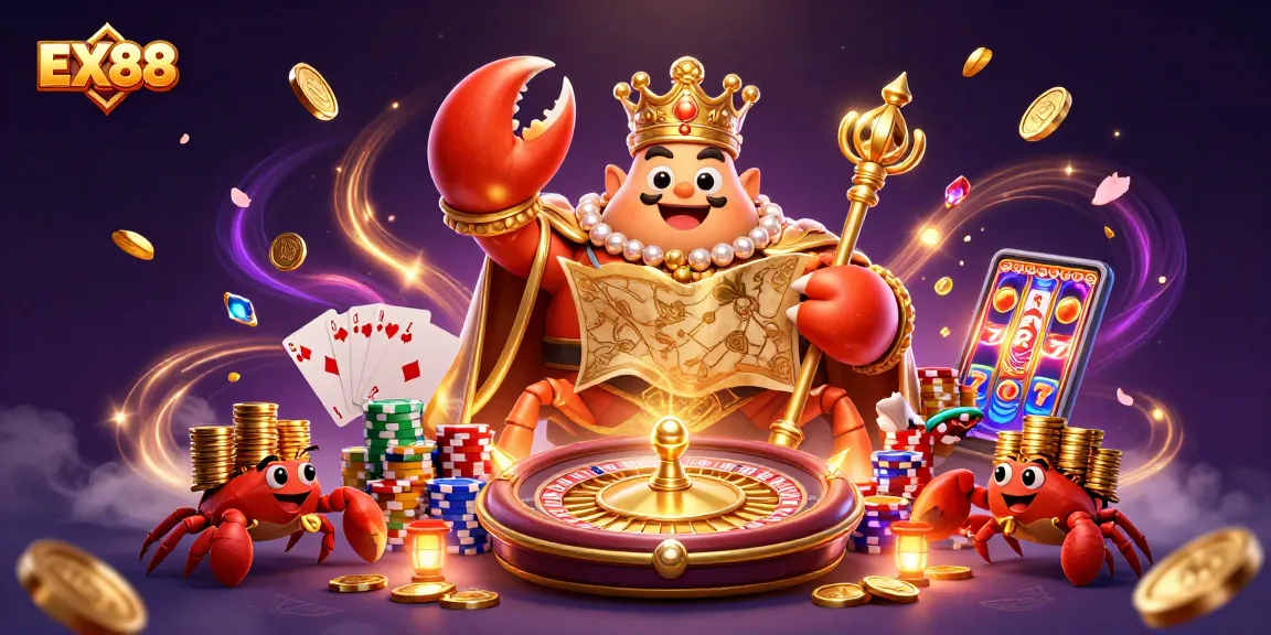 Experience thrilling wins at EX88 with the golden crab emperor leading a vibrant casino scene filled with treasures.