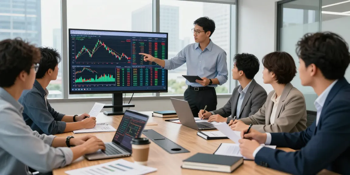 Investment professionals analyzing strategies at https://wifenamebio.com/ in a modern office.