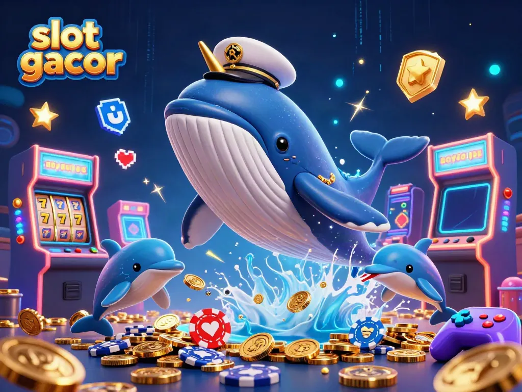 Menyajikan slot gacor dengan ikan paus 3D besar berkapten dan narwhal, dikelilingi koin emas dan mesin permainan 3D.