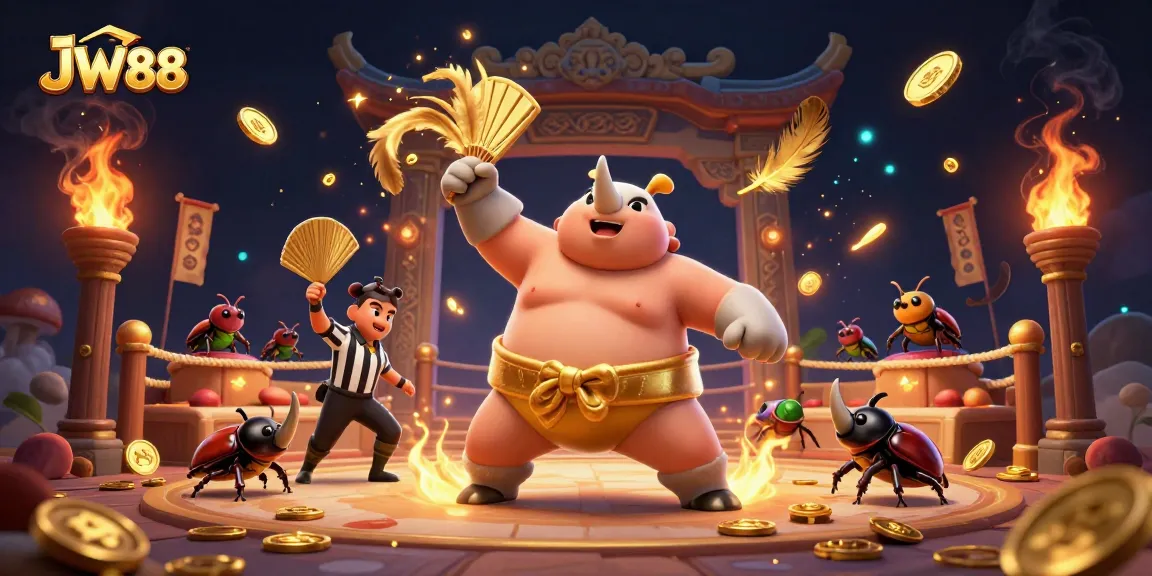 JW88 champions powerfully stomp while scattering golden coins in an engaging casino arena.