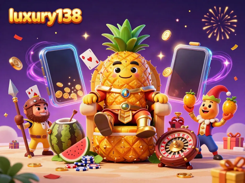 Experience the vibrant world of luxury138, featuring a golden pineapple king on a casino throne surrounded by dynamic gaming elements.