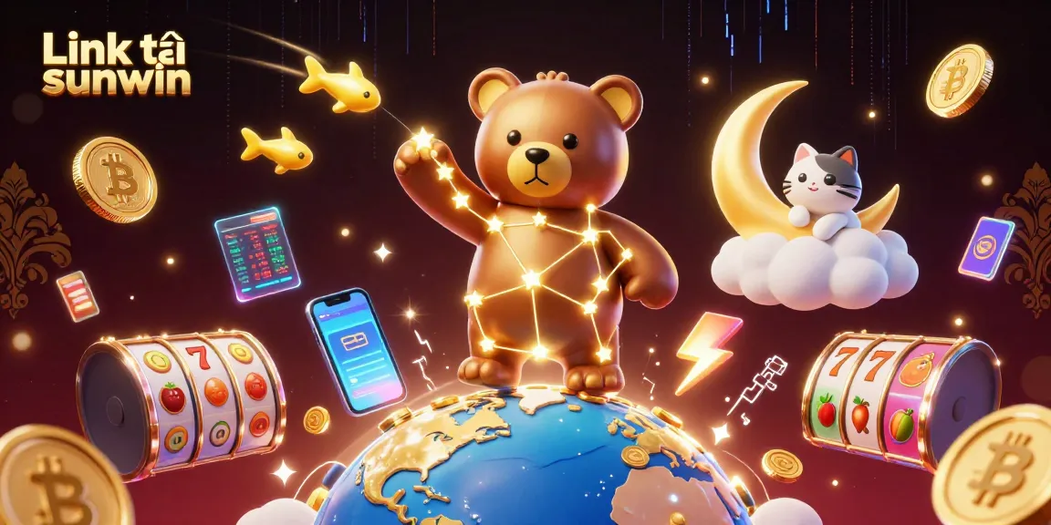 Engage with the Link tải sunwin for thrilling casino gameplay, featuring stunning 3D visuals of characters and coins.