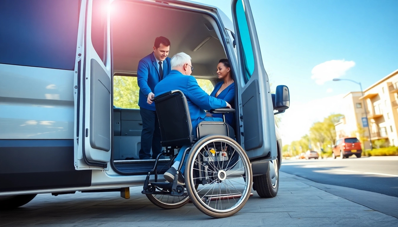 Promote disability transport services with a driver helping a person in a wheelchair.