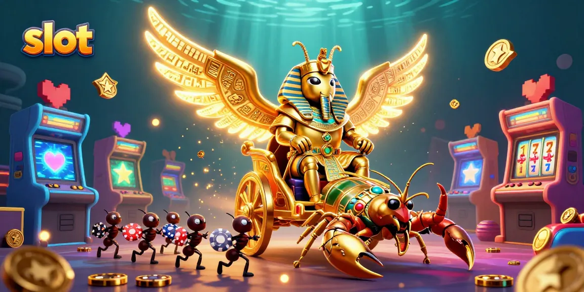 Engage with slot games through thrilling 3D casino illustration featuring a golden scarab, scorpions, and vibrant game elements.