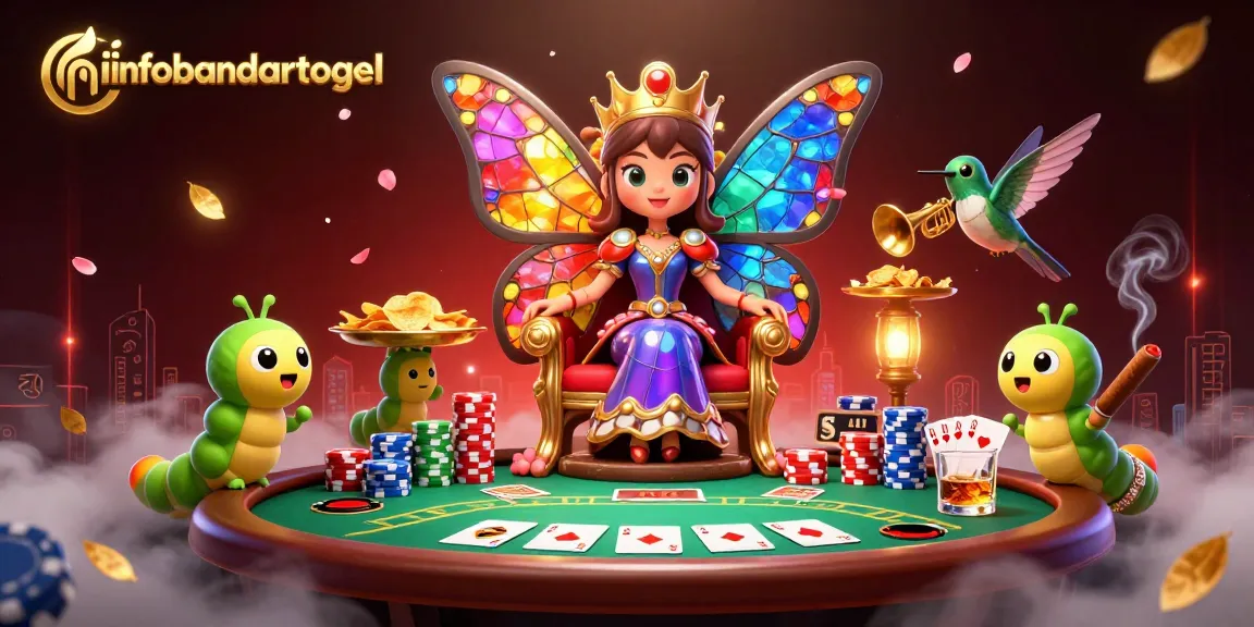 Infobandartogel showcases a royal 3D butterfly queen amidst vibrant casino elements