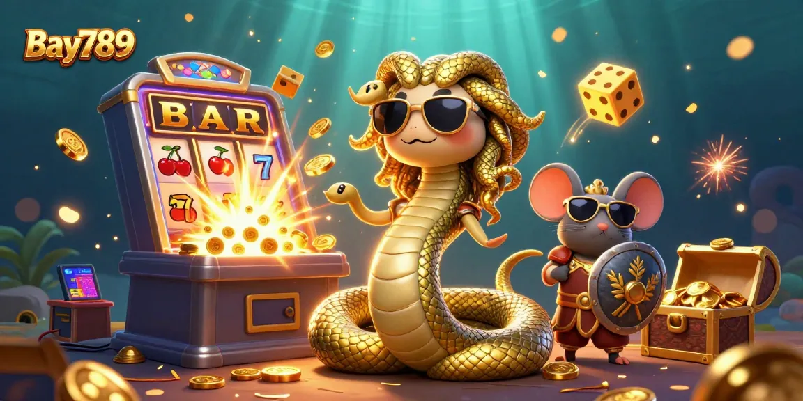 Engage with the Bay789 casino adventure featuring Medusa, a warrior mouse, and vibrant gaming elements.