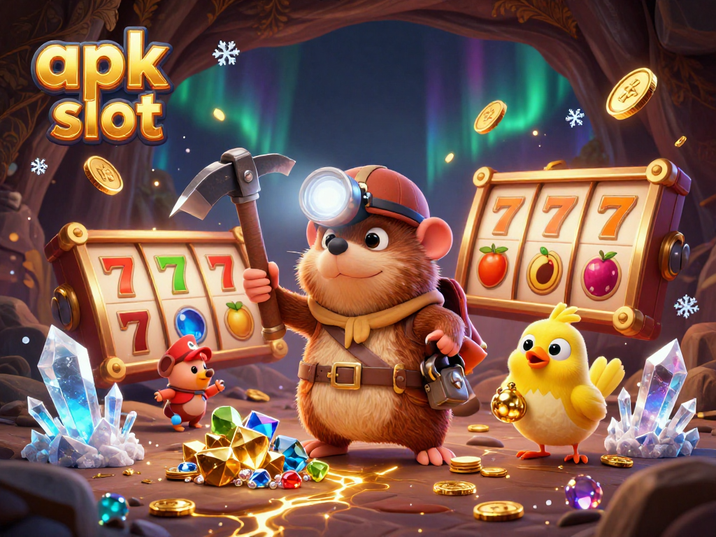 Menambang emas dan permata dengan apk slot bersinar di tengah gua, dikelilingi simbol jackpot dan koin.