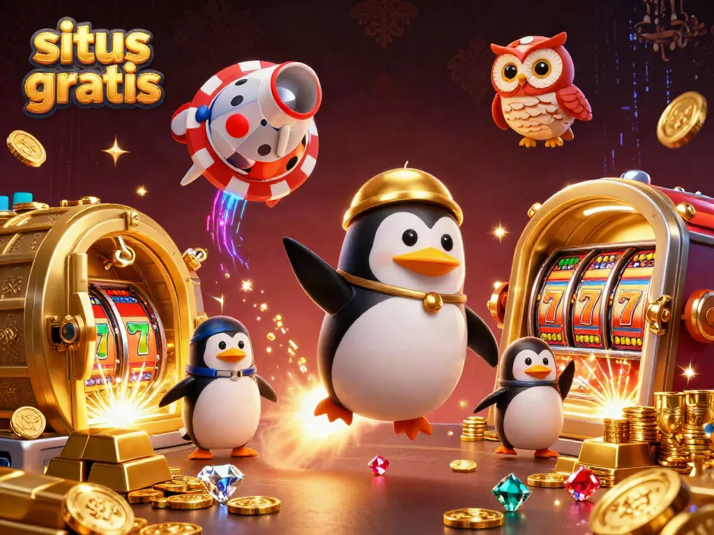Experience excitement with situs slot gratis in an ultra-detailed casino-themed 3D illustration featuring a golden penguin.