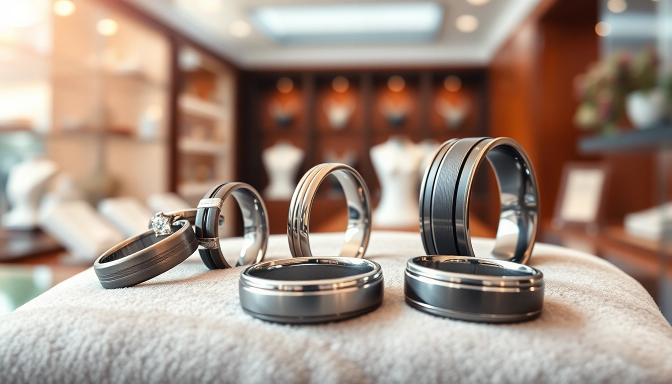 Showcase various tungsten metal rings in a luxurious display, highlighting unique textures and finishes.