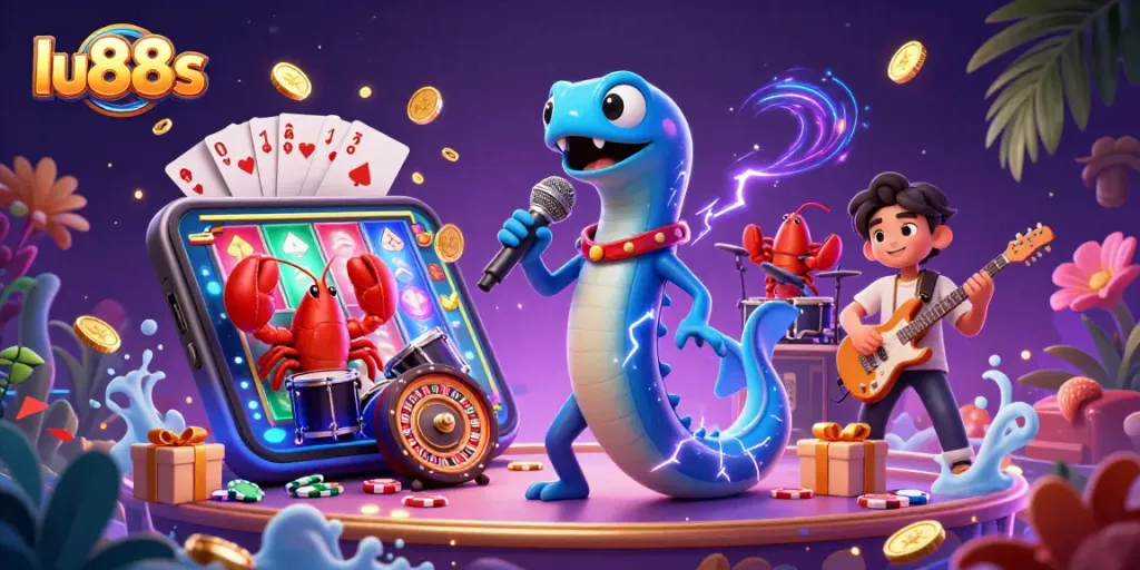 Experience thrilling wins with lu88s in a vibrant underwater casino scene featuring a DJ eel and musical sea creatures.
