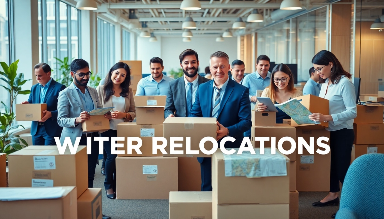 Team collaborating on WRITER RELOCATIONS in a dynamic office setting, symbolizing efficient service.
