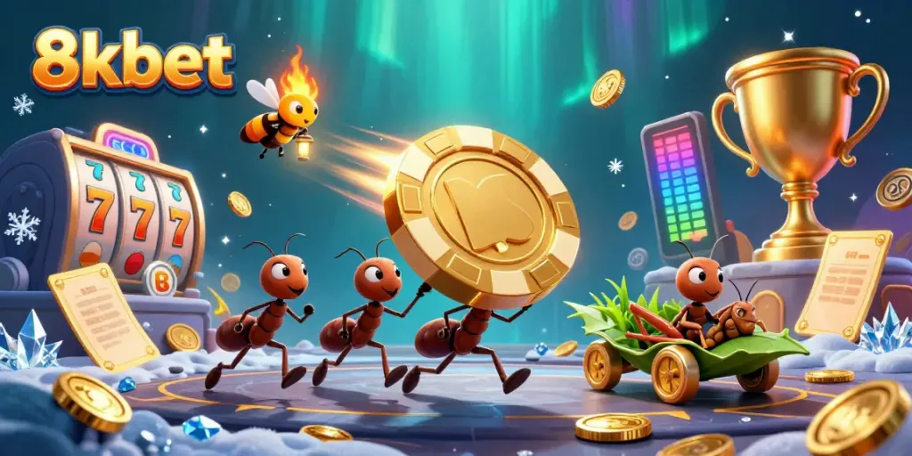 Ants on a heist with a golden poker chip in a dynamic casino scene featuring 8xbet elements.