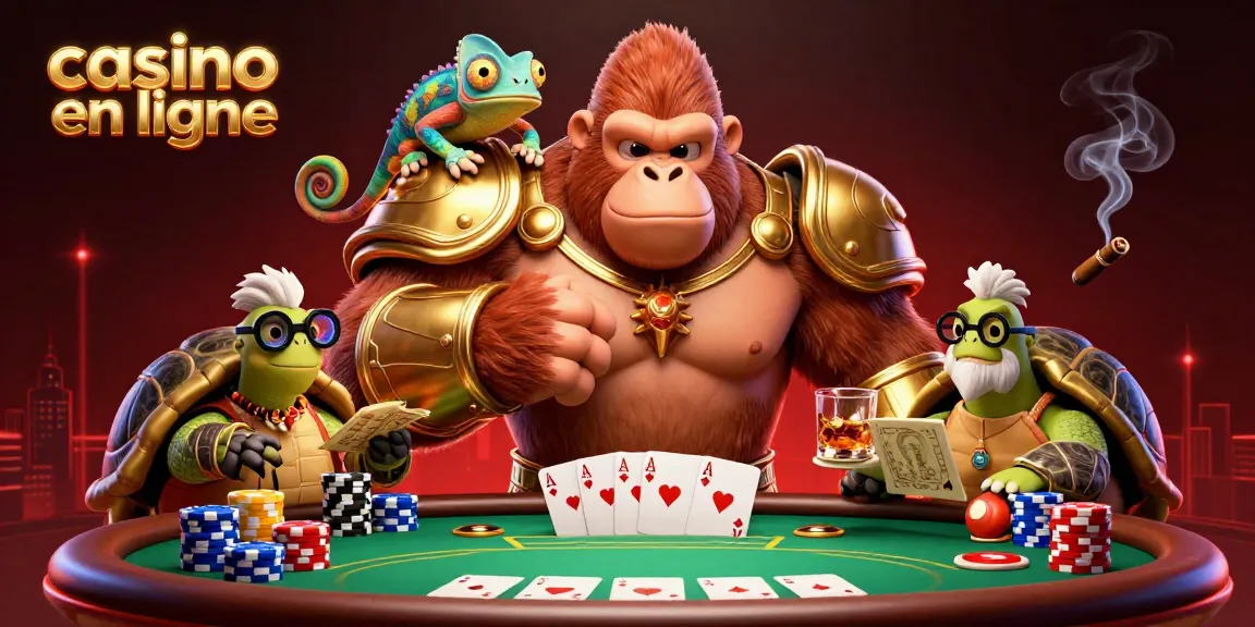 Illustration dynamique d'un gorille roi en armure dorée dans un casino en ligne, poker et jetons visibles.