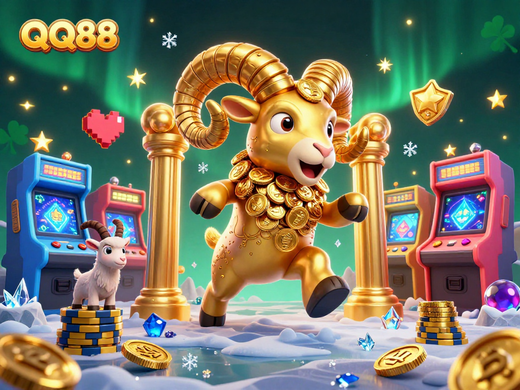 Experience thrilling gaming action at QQ88 with a grand golden ram charging through a vibrant casino