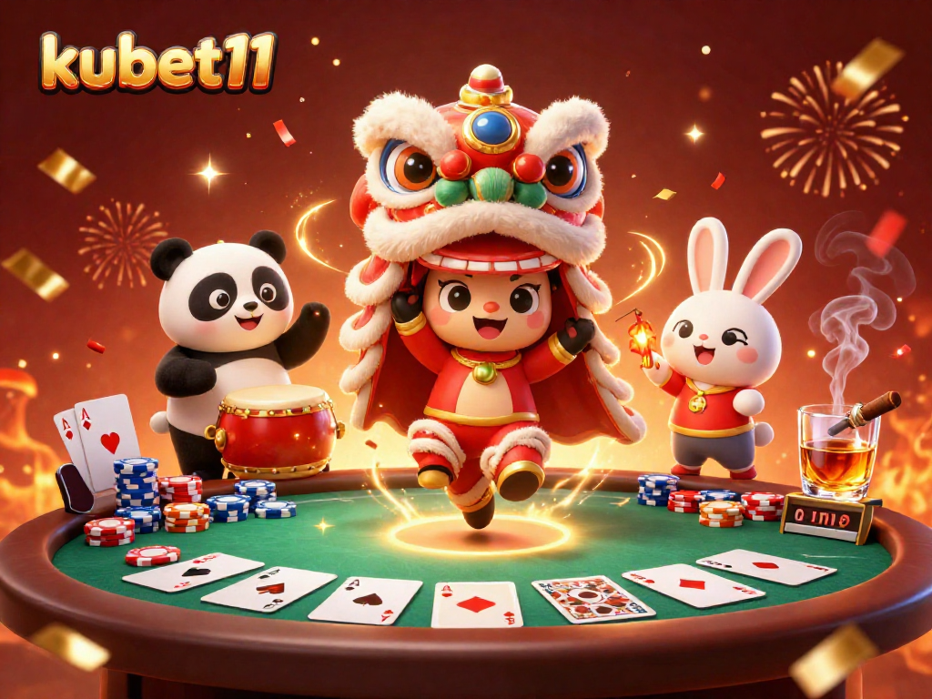 Experience the excitement of kubet11 with our unique lion dance characters celebrating at a poker table.