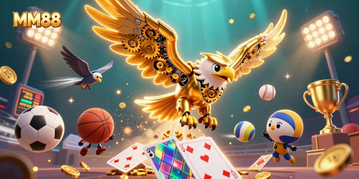 Engage with MM88's thrilling world as a cybernetic golden eagle dives amidst holographic cards and sports elements.