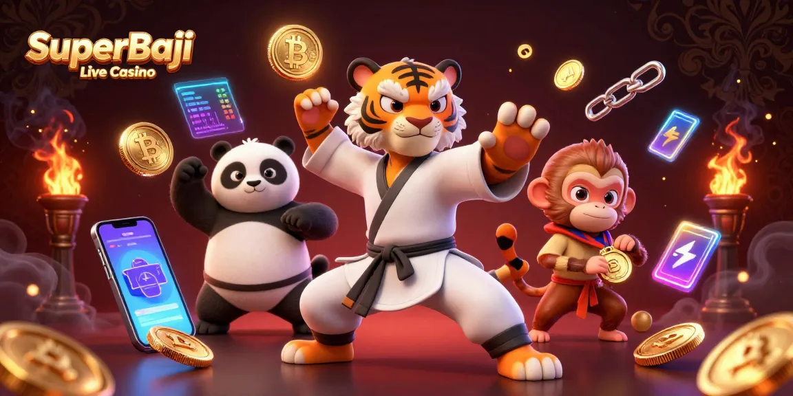 Experience the thrills of SuperBaji Live Casino with animated characters and cryptocurrency elements.