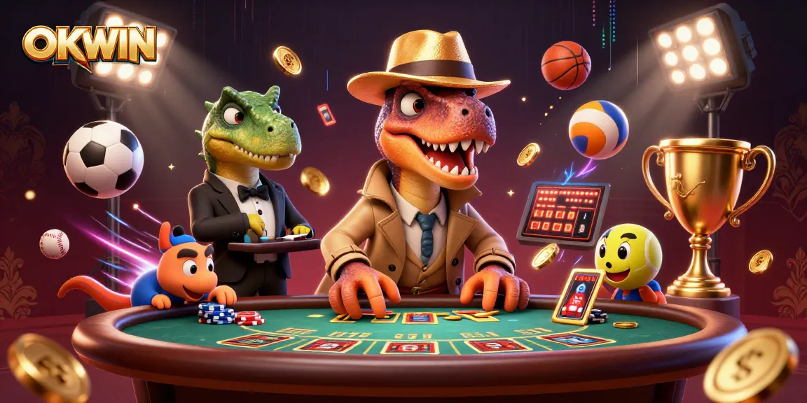 OKWIN gambler interacts at the blackjack table, with a velociraptor and stegosaurus in a dynamic casino scene