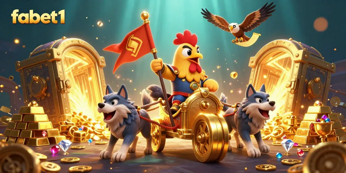 Engage with fabet1 for thrilling casino adventures featuring a cartoon rooster warlord amidst dynamic gaming elements.