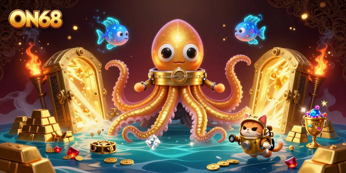 Engage with ON68's thrilling atmosphere featuring a colossal kraken, diving cat, and treasure elements.