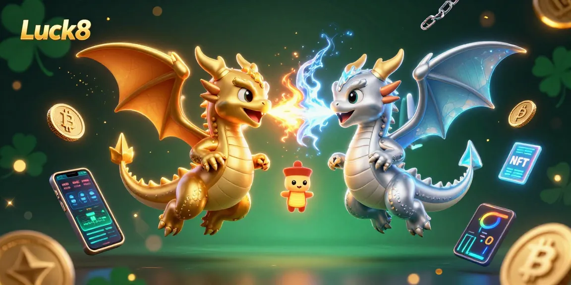 Experience Luck8 with twin dragons in a vibrant casino-themed digital illustration.