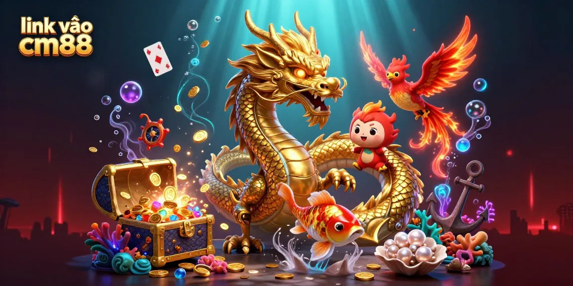 Experience the excitement of link vào cm88 with a vibrant scene of a dragon and phoenix in an exhilarating casino setting.