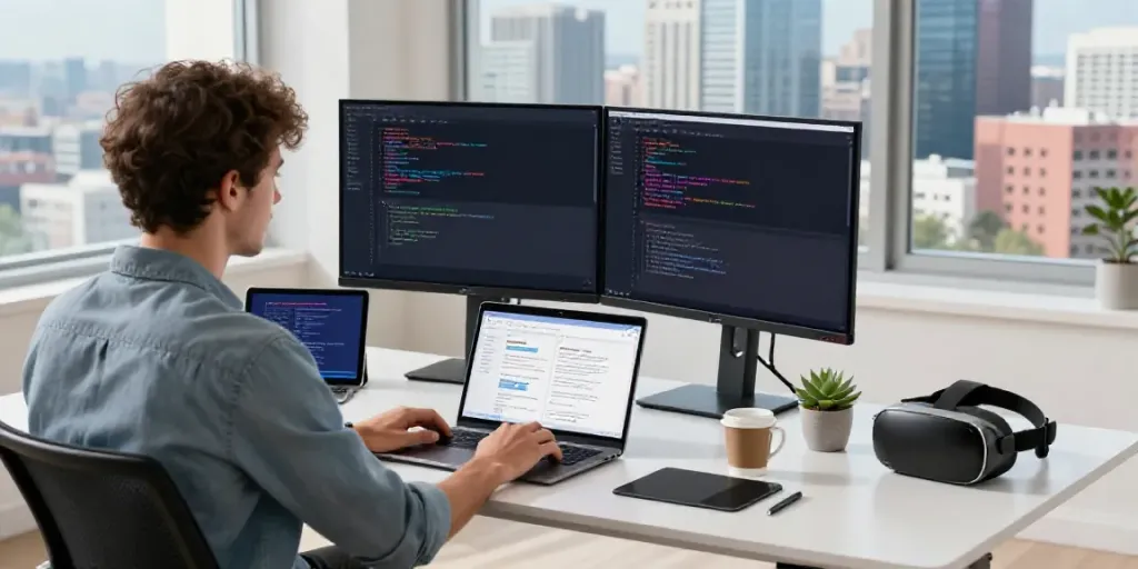Instant indexing software developer working in a modern office.