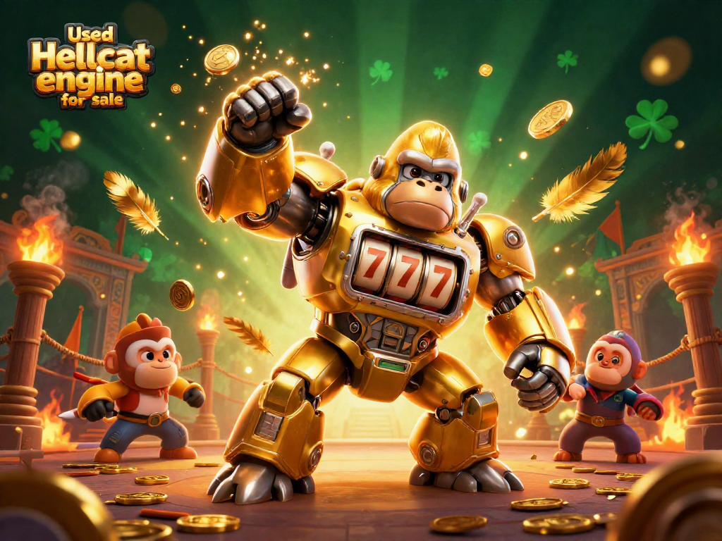 Engage in excitement with a Used hellcat engine for sale graphic featuring a golden gorilla mech in a thrilling casino-style scene.