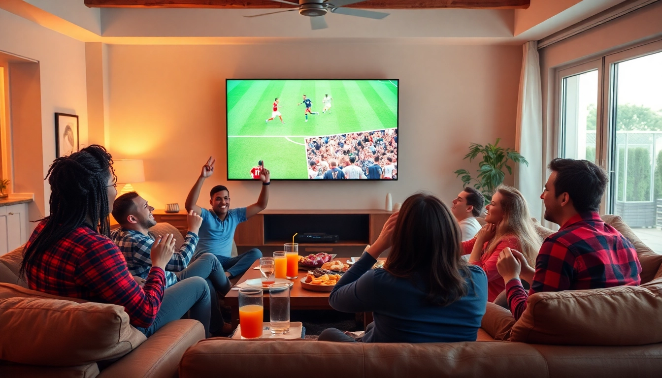 Menampilkan situs nobar yang ramai saat menonton pertandingan sepak bola langsung.