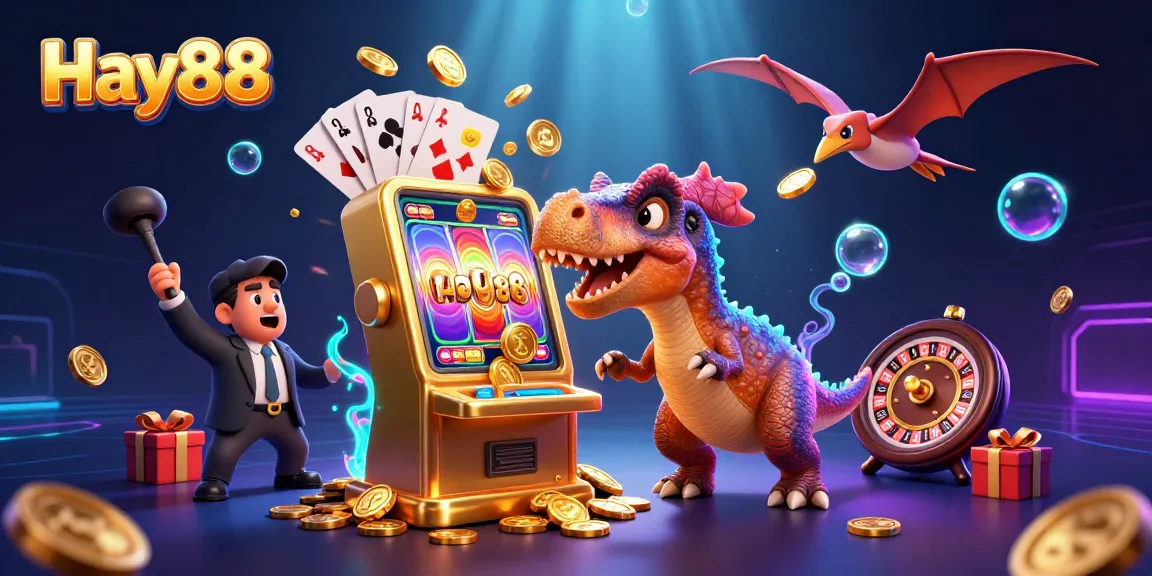 Experience Hay88 by witnessing a vibrant scene of a dinosaur creating jackpots from a slot machine amidst colorful game elements, capturing the thrill of online gambling.