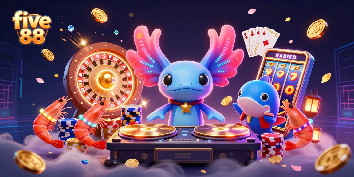 Experience five 88's dynamic casino vibe with an illustrated axolotl DJ and vibrant casino elements.