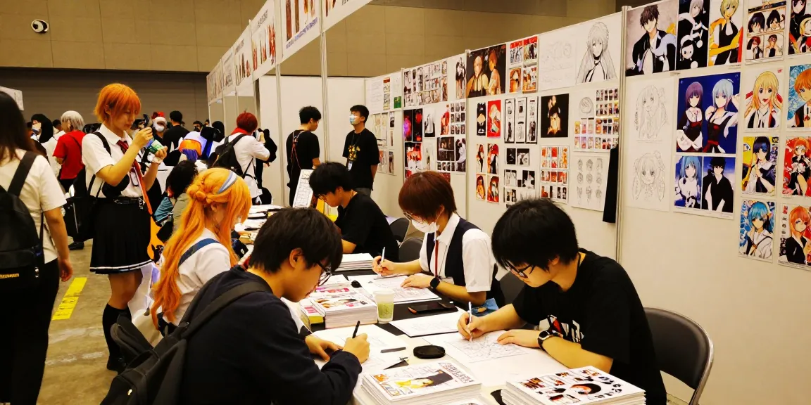 Vibrant doujin event scene at doujinhentai-th.com convention with cosplayers and artists