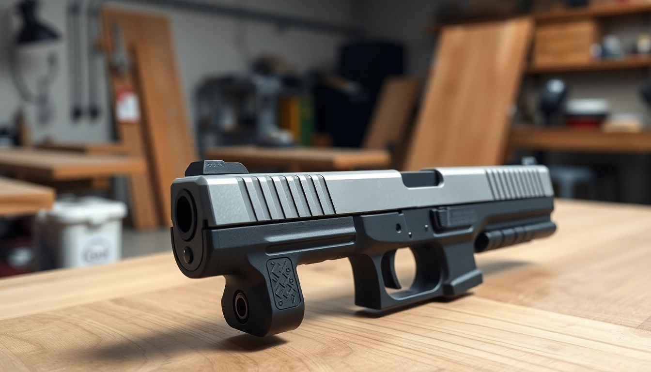 Showcasing glock 43x mos oem slide with detailed craftsmanship on a natural wood table.