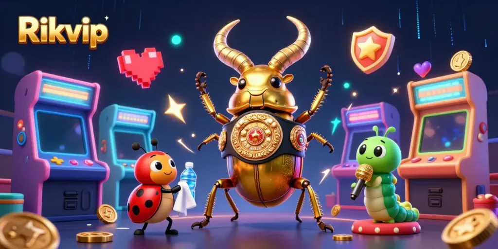 Experience the excitement of Rikvip with a dynamic 3D casino battle scene featuring colorful arcade elements.