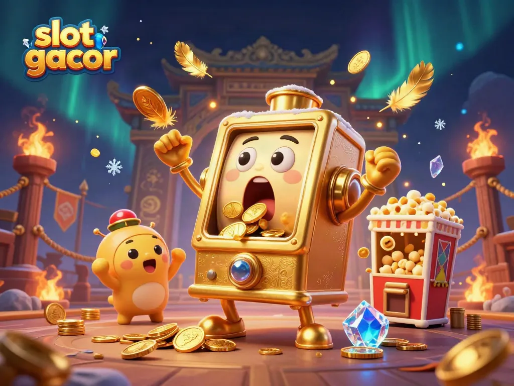Slot gacor illustration: a golden slot machine celebrating a jackpot with cheering companions and a popcorn machine.